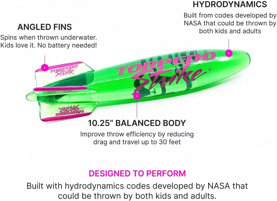 Spins & Glides Up to 30 Feet Like Underwater innocent Football for Under Water Passing Games Underwater Torpedo Diving Toy Glider (Green) SpinFin 10.25" Large Ultra Premium Pool Torpedo Rocket 