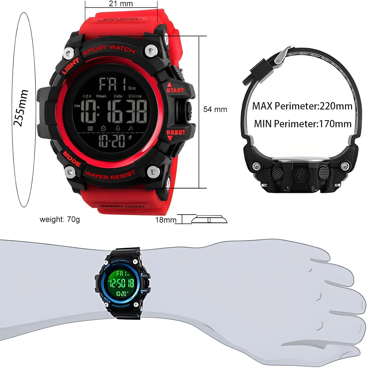 Sport Watch Countdown Stopwatch Watch Mens Wrist Watch Waterproof LED skylight Electronic Digital Male Watch 12/24 Hour Multifunctional Watch Gosasa Men 