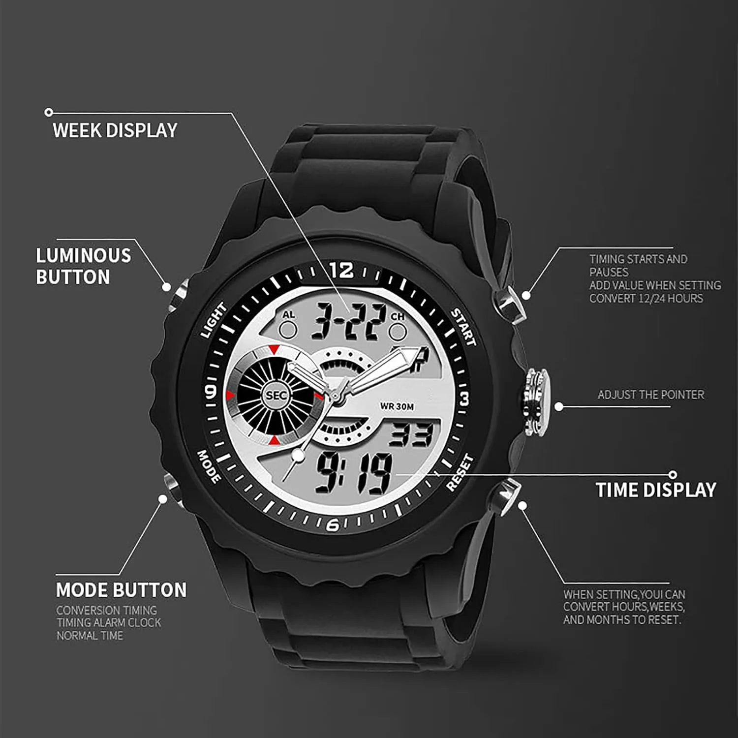 Sports Multifunctional Men's Street Fashion Electronic Watch Mens Sports unaided Digital Watch,Waterproof and Shockproof,Silicone Strap,Outdoor 