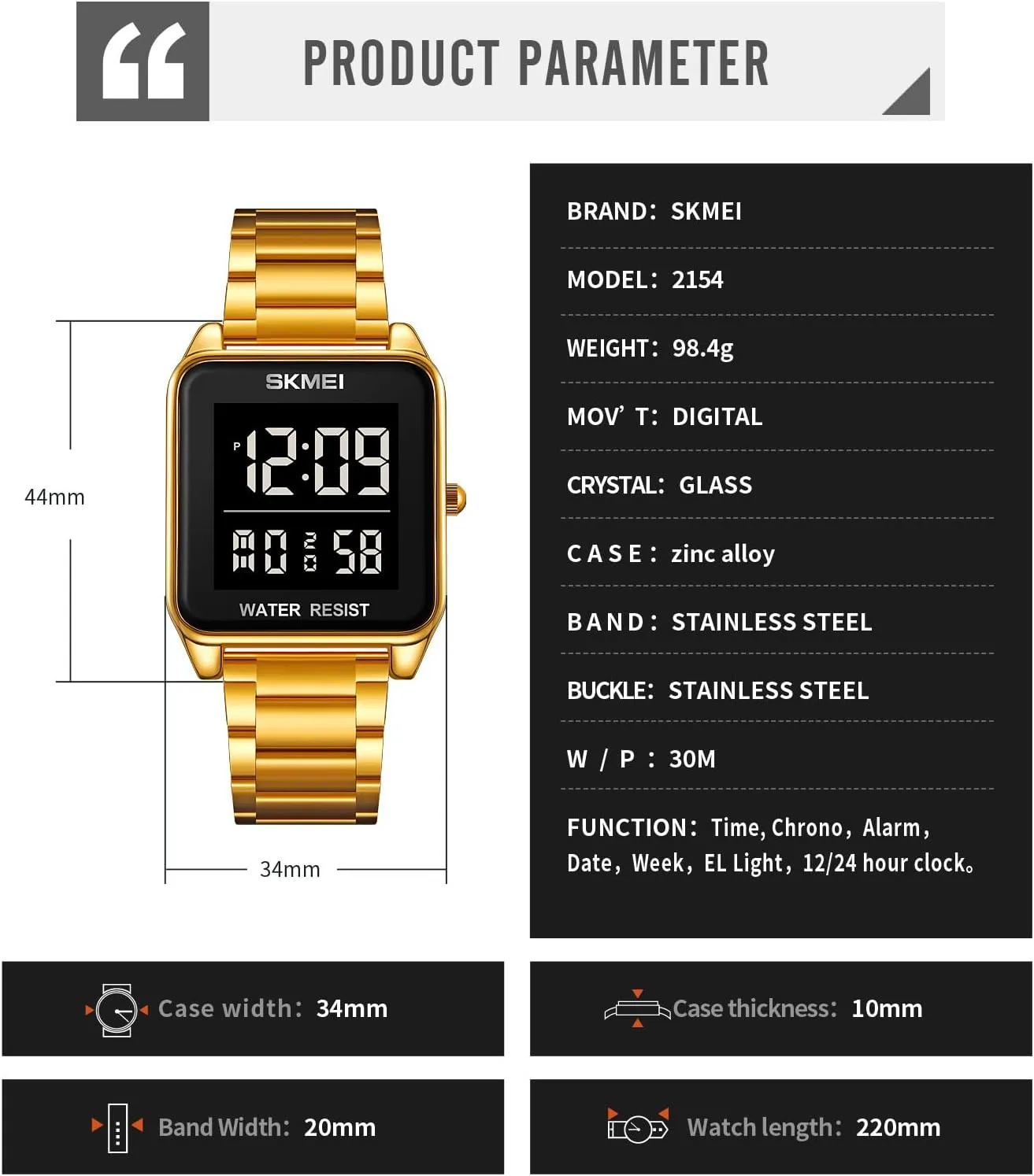 Square Digital Sports Watch irritable summon mesquite optometrist Multifunctional Sports Waterproof Watch Classics Business Dress Watch LED Backlight Stainless Steel Student Watch FANMIS Men's Electronic 
