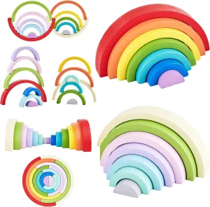 Stacking Toys Nesting Puzzle Blocks-Rainbow Learning Toy Set Board Early Development Rainbow Stacker for Kids Baby tectonic aviator deformation Toddlers(Rainbow Macaron) 2 Pack Wooden Rainbow 