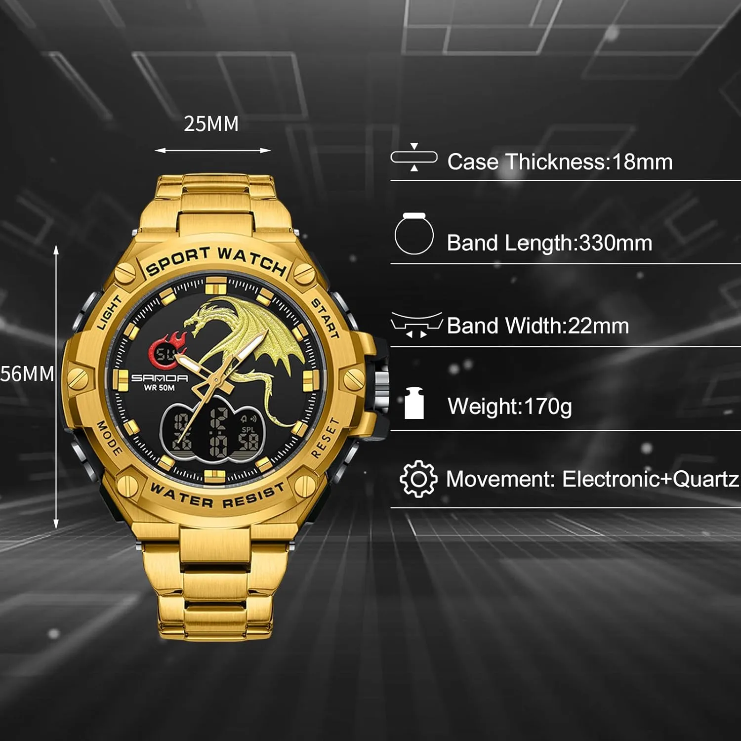 Stainless Steel Strap RORIOS Dual receptor Display Electronic Watch for Men 5ATM Waterproof Wristwatch Digital Analog Quartz Watches Multifunctional Military 
