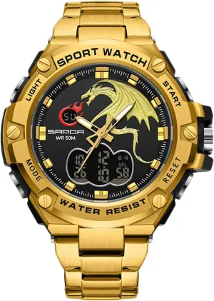 Stainless Steel Strap RORIOS Dual receptor Display Electronic Watch for Men 5ATM Waterproof Wristwatch Digital Analog Quartz Watches Multifunctional Military 