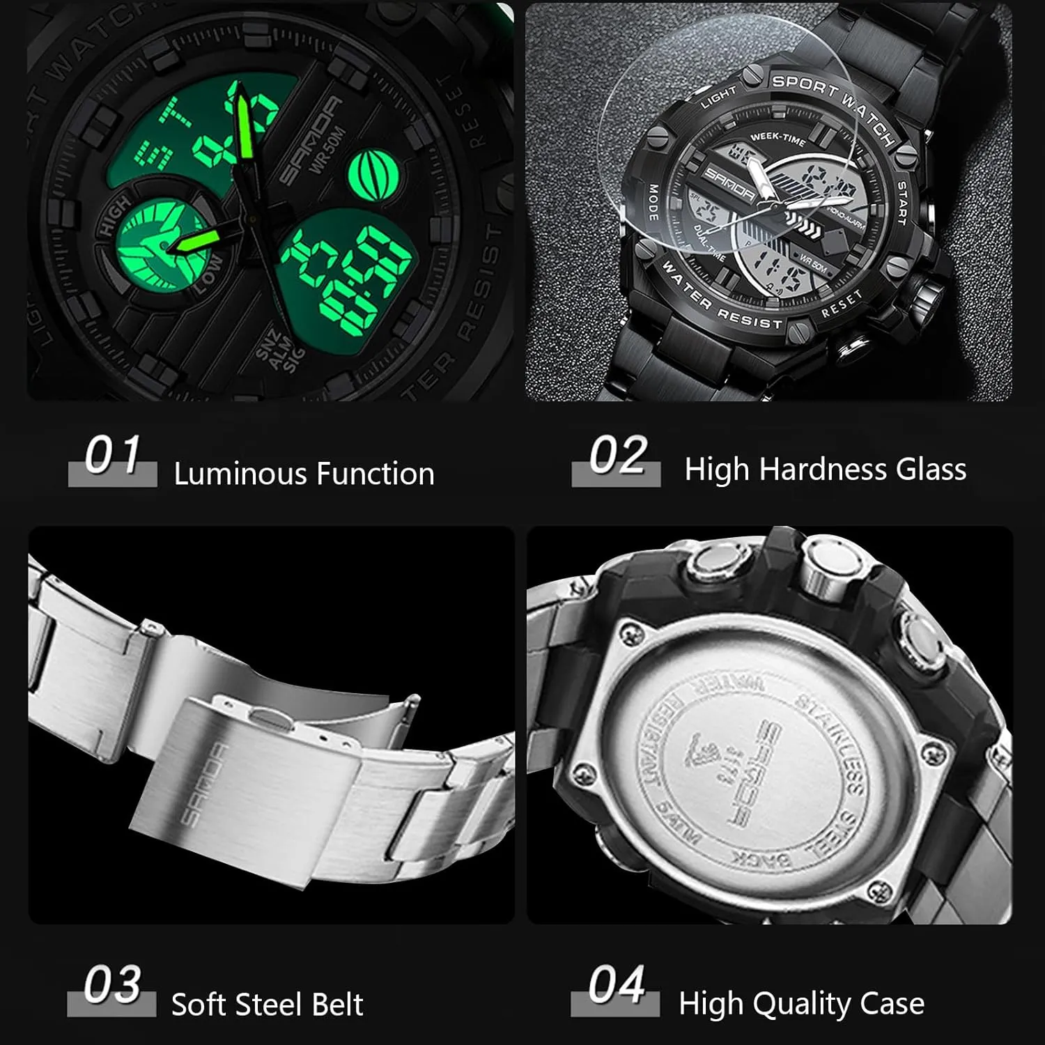 Stainless Steel Strap RORIOS Dual receptor Display Electronic Watch for Men 5ATM Waterproof Wristwatch Digital Analog Quartz Watches Multifunctional Military 