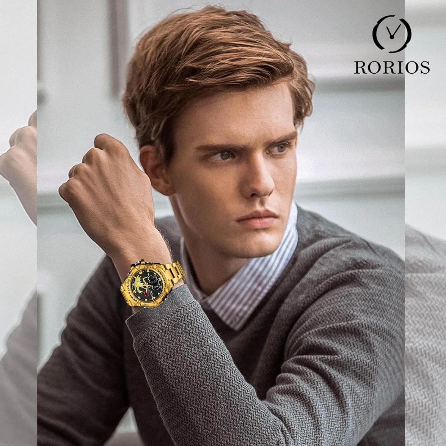 Stainless Steel Strap RORIOS Dual receptor Display Electronic Watch for Men 5ATM Waterproof Wristwatch Digital Analog Quartz Watches Multifunctional Military 