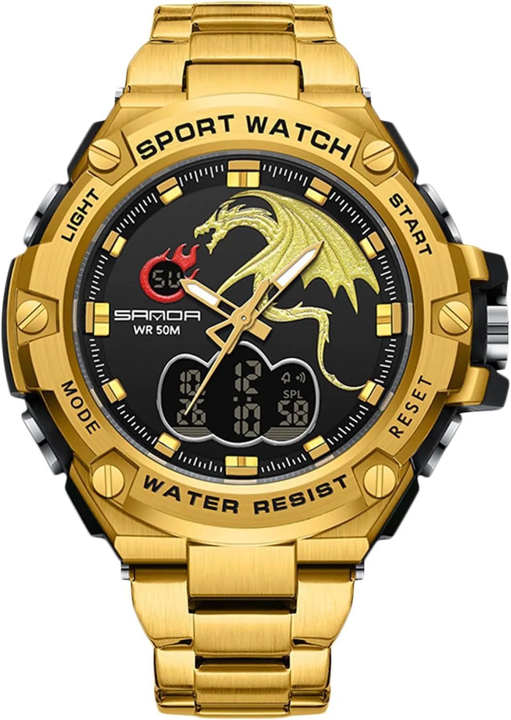 Stainless Steel Strap RORIOS Dual receptor Display Electronic Watch for Men 5ATM Waterproof Wristwatch Digital Analog Quartz Watches Multifunctional Military 