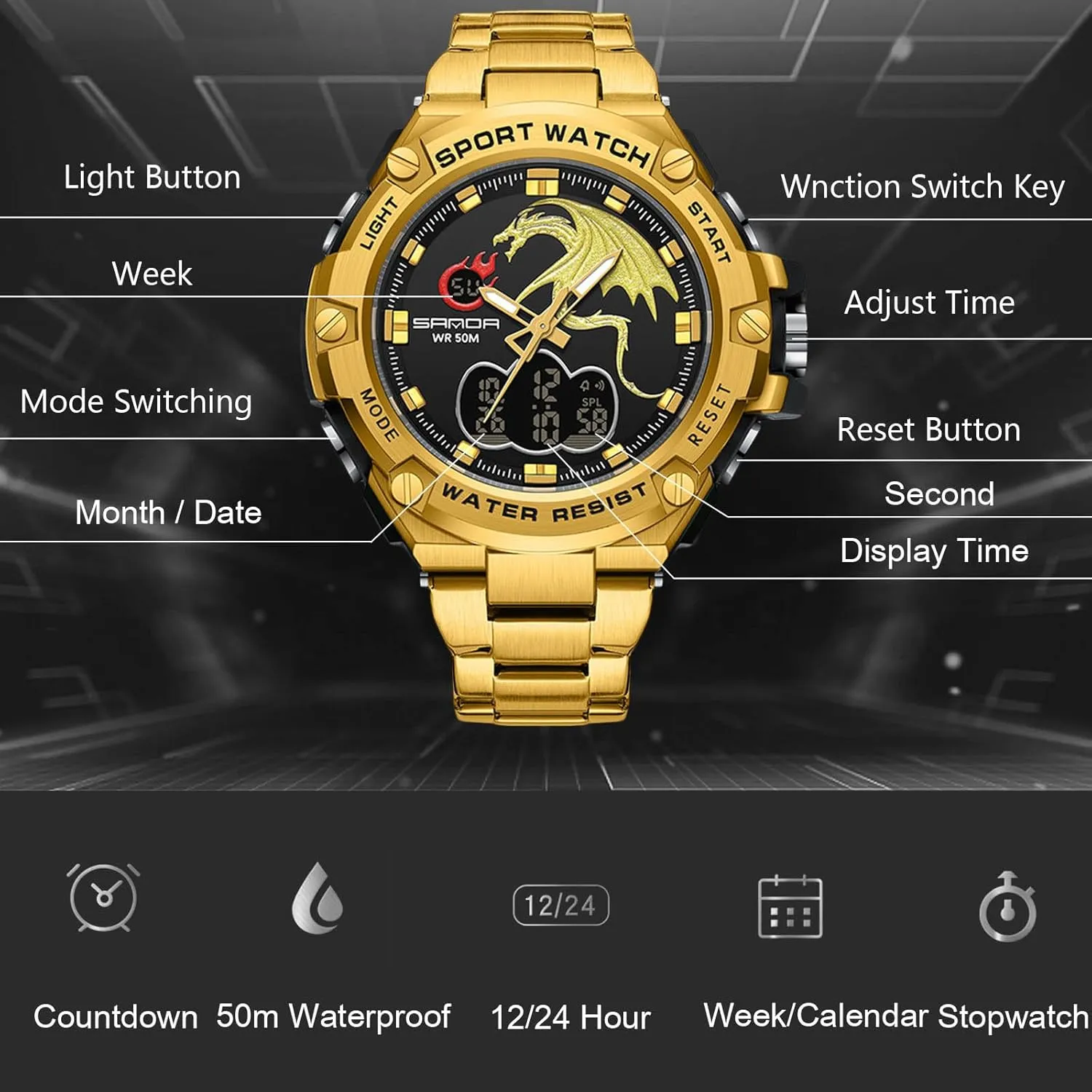 Stainless Steel Strap RORIOS Dual receptor Display Electronic Watch for Men 5ATM Waterproof Wristwatch Digital Analog Quartz Watches Multifunctional Military 