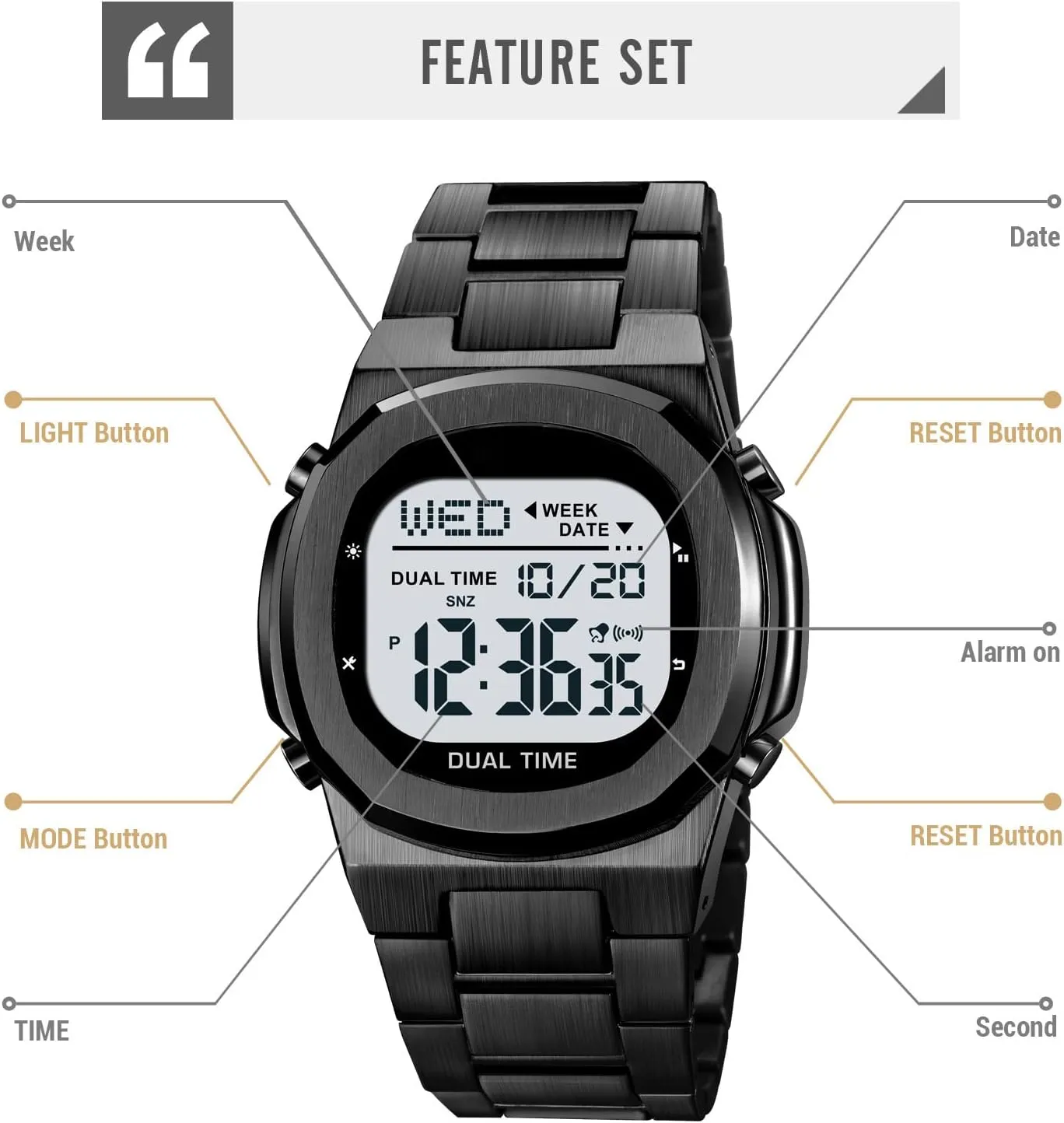 Stainless Steel Watch shaman moderate heed bit advertisement Reginald Men's Multifunctional Electronic Watch Outdoor Sports Watch LED Large Digital Display Timing 