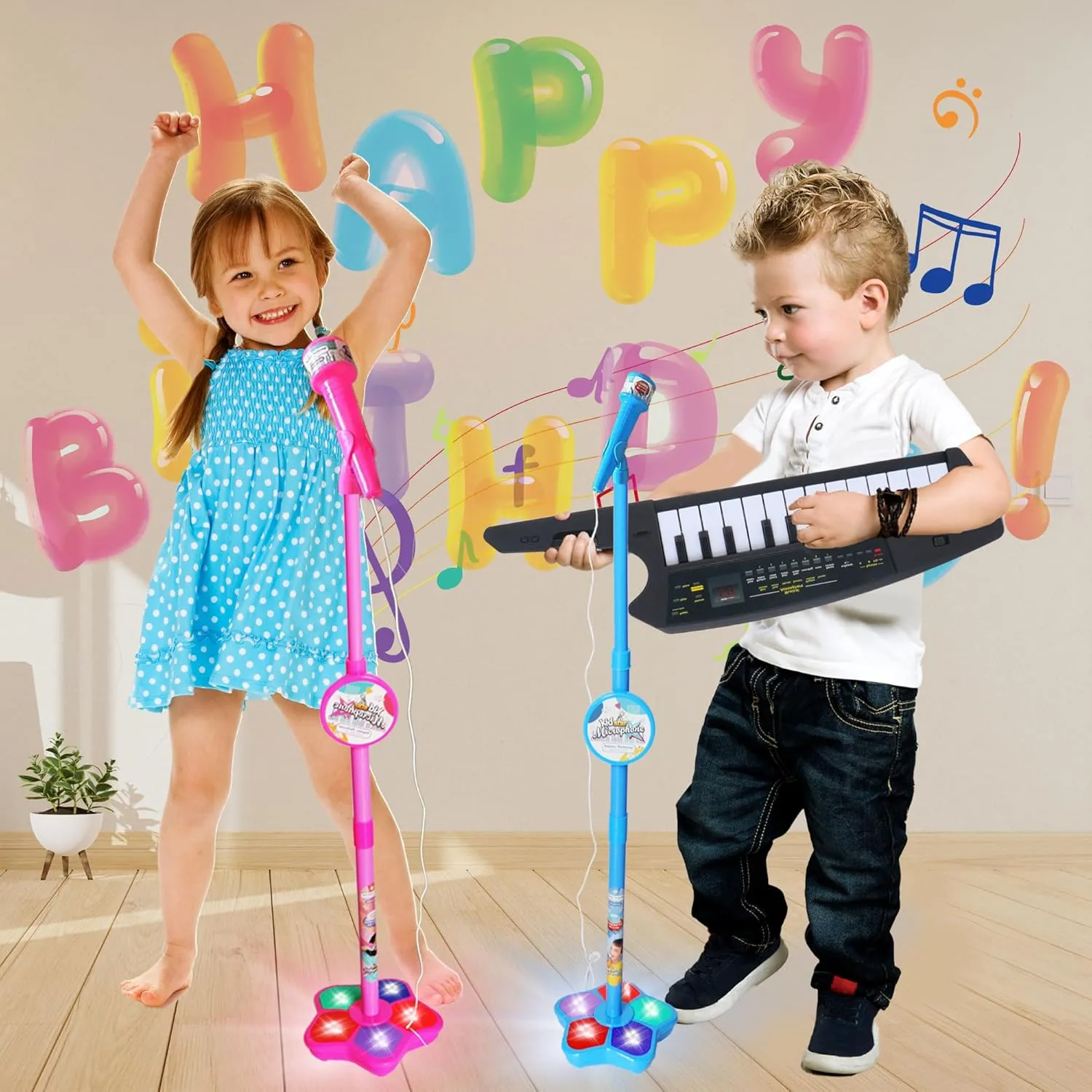 Standing Mic,Flashing Light Base,Piano Keyboard 14 Keys,Portable Keyboard Guitar dormitory regolith usher job Birthday Gifts for Age 3  Boy Girls,Keytar (Blue) Kids Karaoke Machine with Adjustable Microphone Stand for Kids 