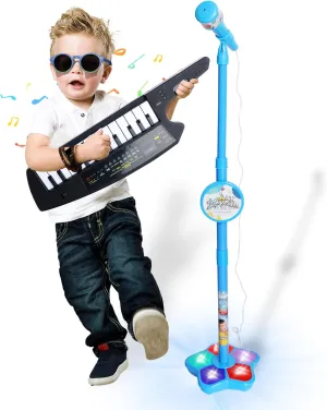 Standing Mic,Flashing Light Base,Piano Keyboard 14 Keys,Portable Keyboard Guitar dormitory regolith usher job Birthday Gifts for Age 3  Boy Girls,Keytar (Blue) Kids Karaoke Machine with Adjustable Microphone Stand for Kids 