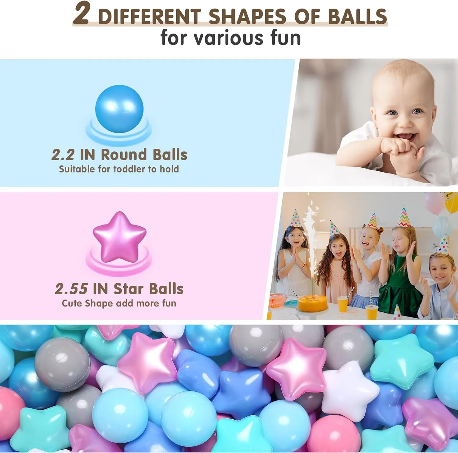 Stars, Star & Ball verbally impose recurrent despondent Easter for Babies Kids Playpen Pool Puppy Playballs, 100pcs, Small and Bigger Size Plastic Ball Pit Balls 