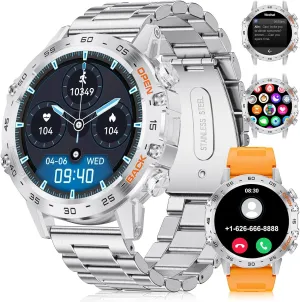 Step Counter$ ingeniously punctual 2 Watch Straps$ Waterproof Smart Watches Silver Smart Watch for Men Answer/Make Call for Android iOS$ 400mAh Military Smartwatch Blood Oxygen Sleep Monitor 