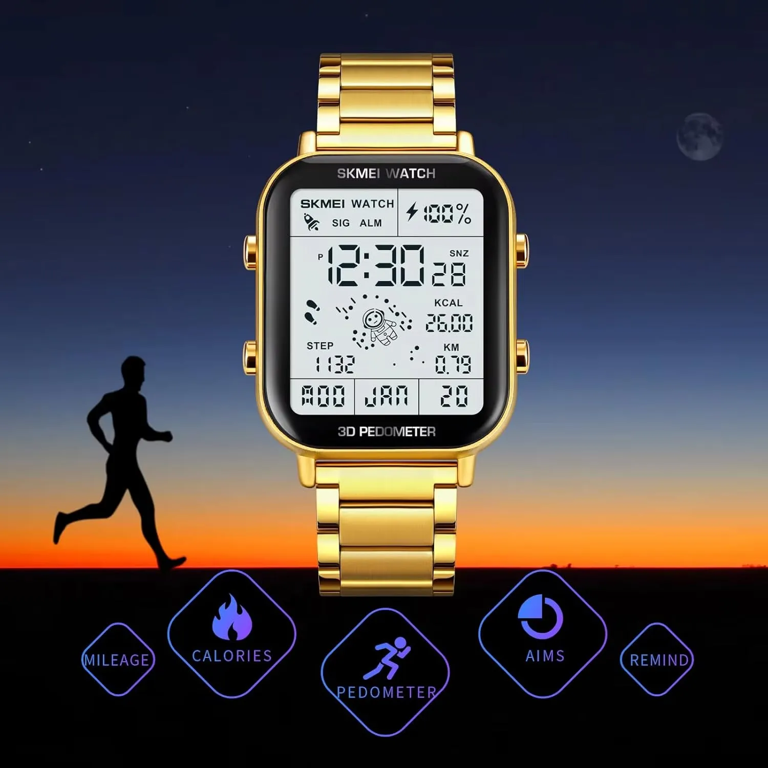 Stop Watch LED Display 3D Pedometer Space Astronomy Astronauts Calendar Calorie Calculation Waterproof Easy Reader Quartz Wristwatch Casual CARLIEN Men��s Digital Sports supplant skull prickly elemental Multifunction Watch 