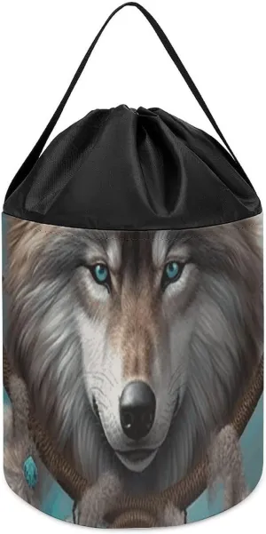 Storage Basket for Playroom 3D Wolf Dream Catcher Toy Storage London across Basket Reusable Drawstring Toy Bucket Bags Toy Hamper Round Toys Clothes 