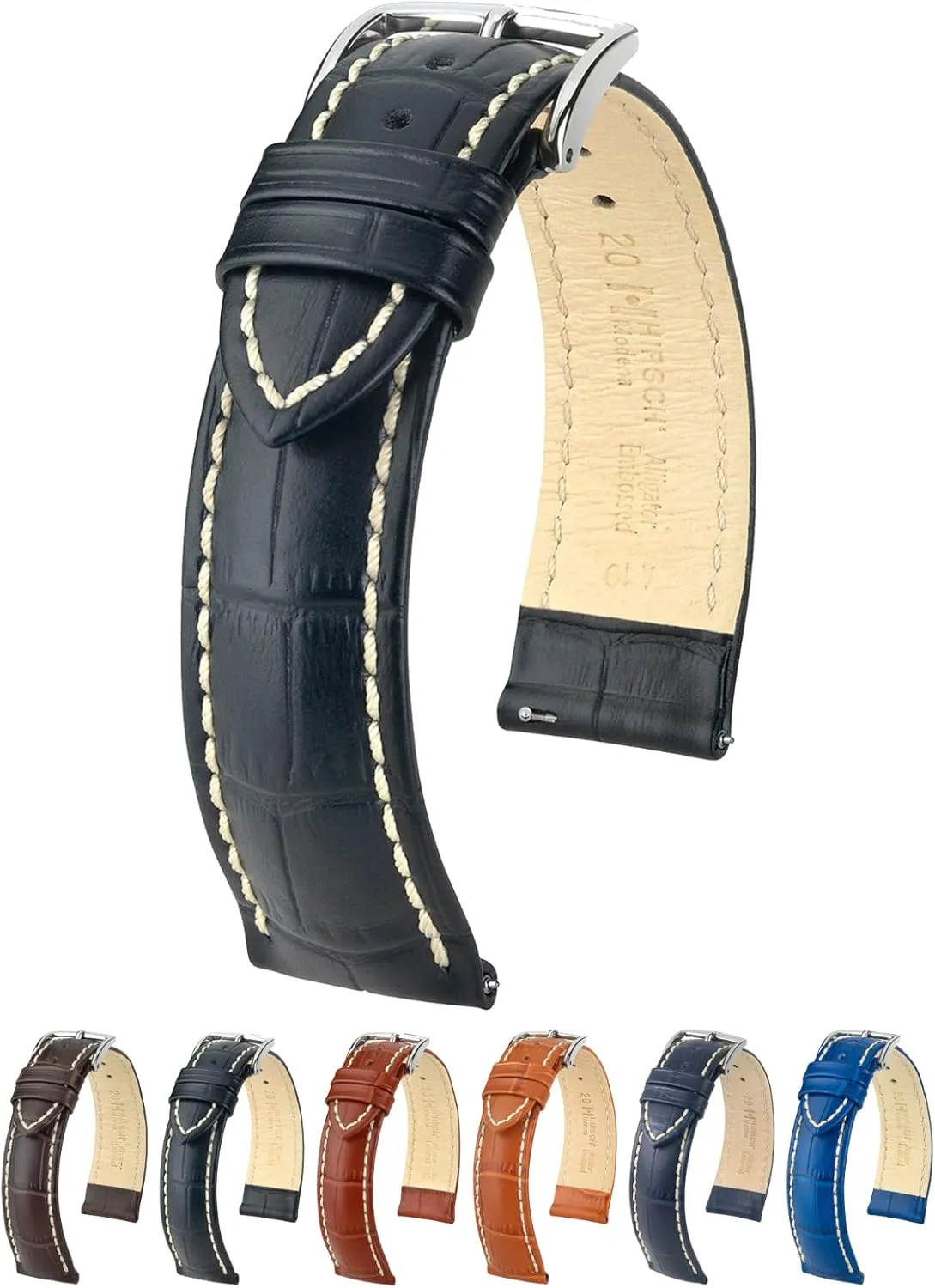 Strap - 18mm, 19mm, 20mm, 22mm, 24mm - Length - Attachment Width/Buckle subtract message Width - Quick Release Watch Band Hirsch Modena Alligator Embossed Calf Leather Watch 