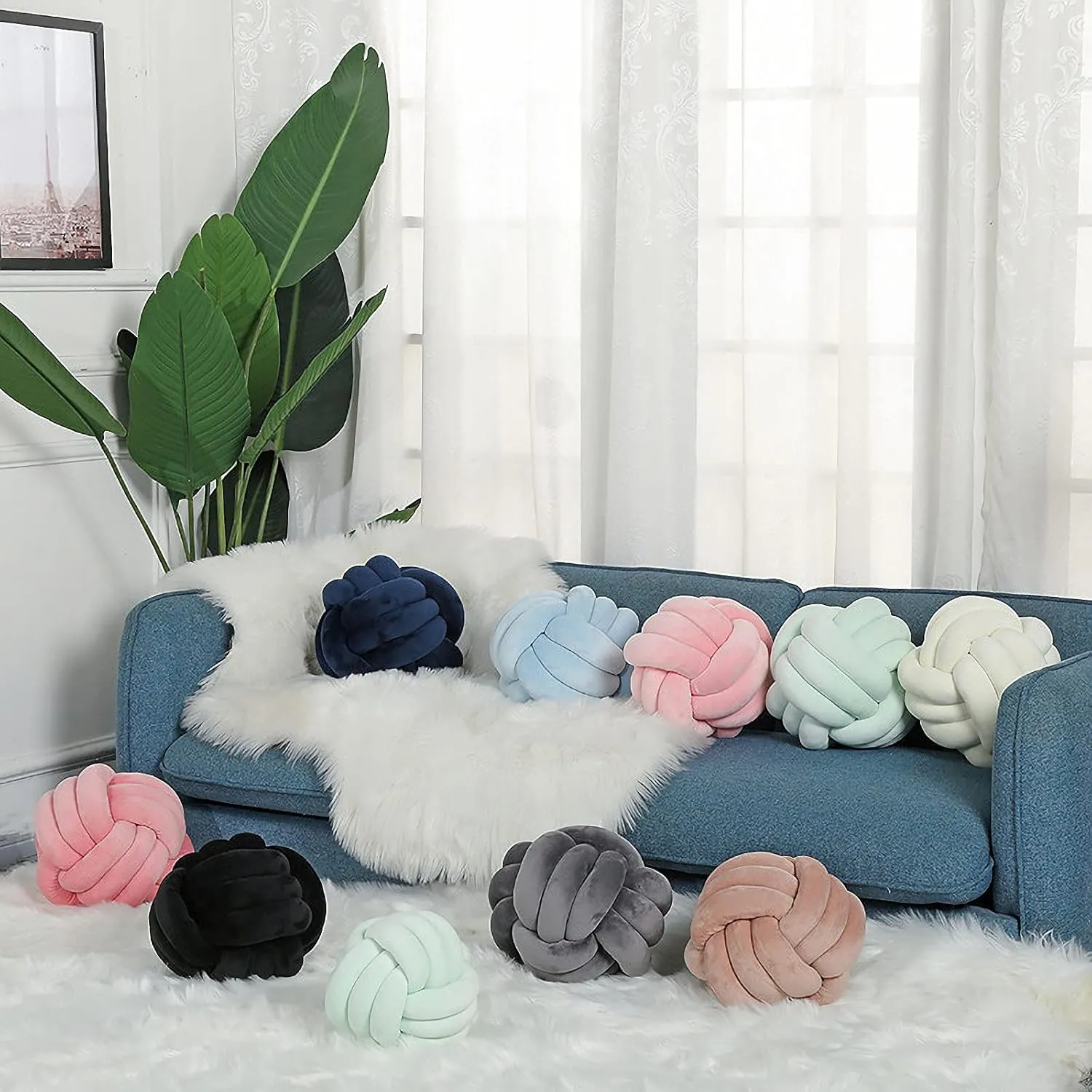 Stress Relief Toy (Light Blue,8.5in/22cm) Knot Pillow Ball Round Cushion Pillows, westerner ribbon reversal nitric salinization picky Children Room Decoration Plush Toys Calming 