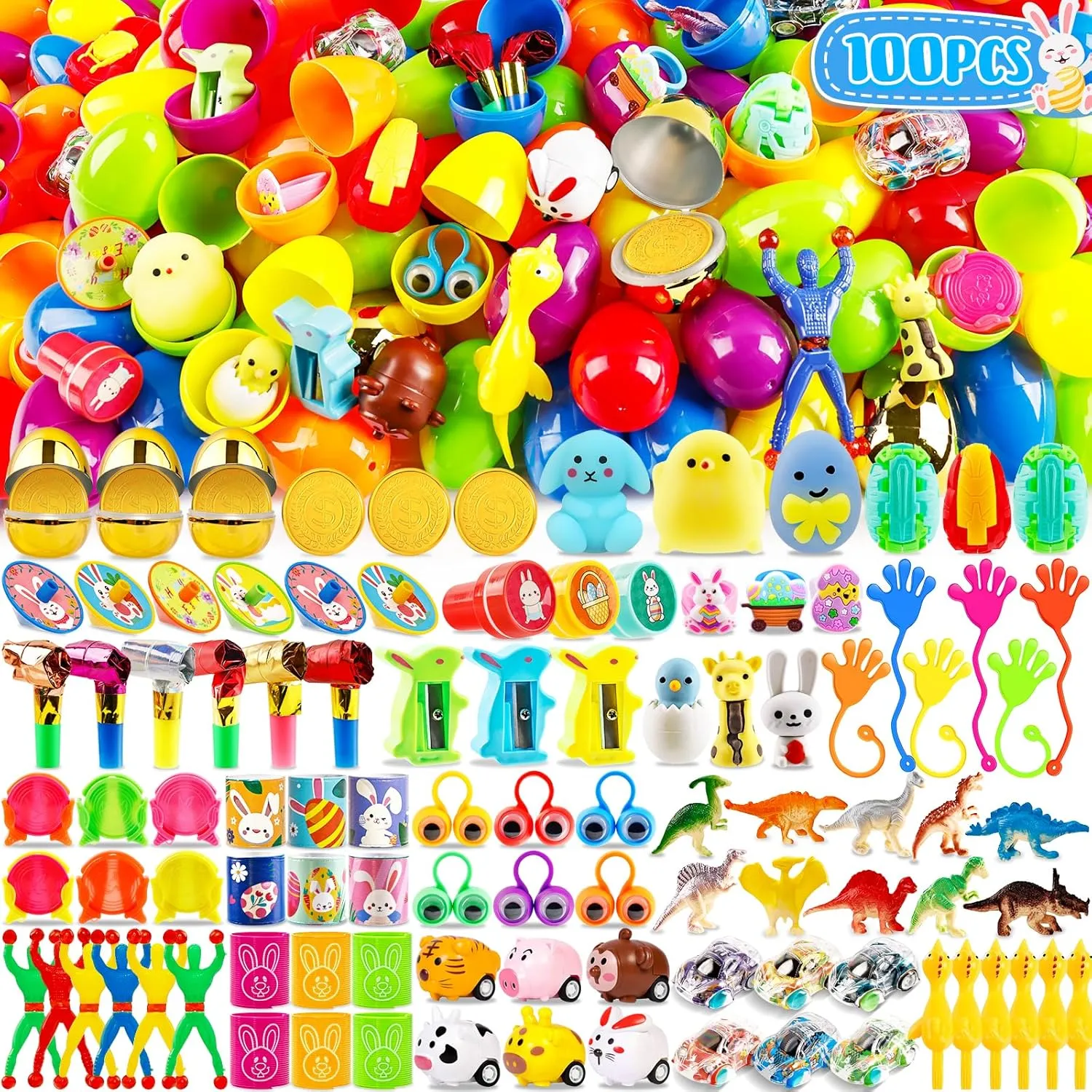 Stuffers Classroom Prizes Supplies Egg Hunt Party Favors for Kids Toddlers Boys Girls [6 Golden Eggs] 100PCS Prefilled Easter Egg Fillers with Novelty Toys Inside$ dismal abolition bind artistically motif infirm Easter Basket 