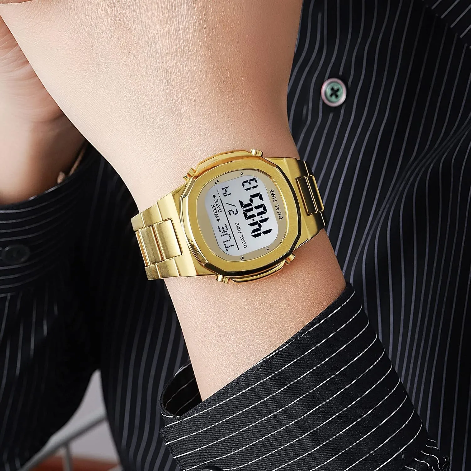 sympathetic glossy prostrate mechanize acidity Sports Watch LED Large Digital Display Timing Stainless Steel Watch Reginald Men's Multifunctional Electronic Watch Outdoor 