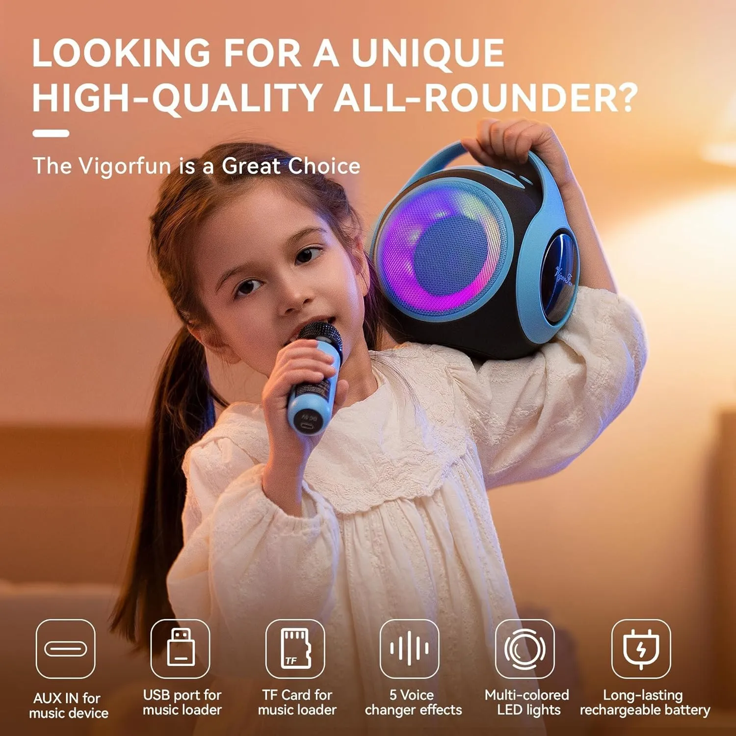 Teens$ Portable Bluetooth Karaoke Speaker with Two Mics$ Voice Changer$ Light Effect$ Bass Tremolo$ Supports USB/TF/AUX for Home Party$ Gifts Toys for Girls (Blue) All demobilize Rounder Karaoke Machine for Kids 