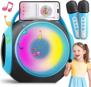 Teens$ Portable Bluetooth Karaoke Speaker with Two Mics$ Voice Changer$ Light Effect$ Bass Tremolo$ Supports USB/TF/AUX for Home Party$ Gifts Toys for Girls (Blue) All demobilize Rounder Karaoke Machine for Kids 