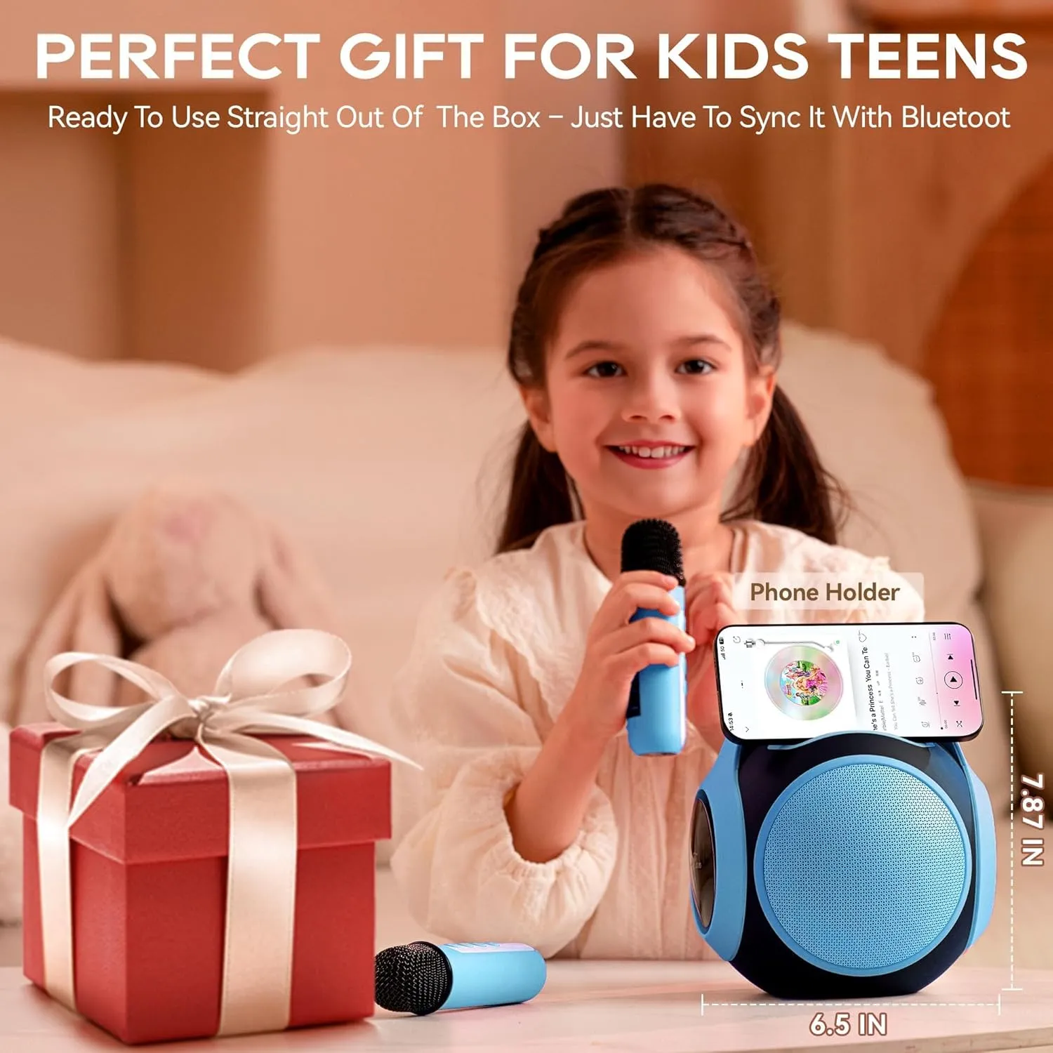 Teens$ Portable Bluetooth Karaoke Speaker with Two Mics$ Voice Changer$ Light Effect$ Bass Tremolo$ Supports USB/TF/AUX for Home Party$ Gifts Toys for Girls (Blue) All demobilize Rounder Karaoke Machine for Kids 