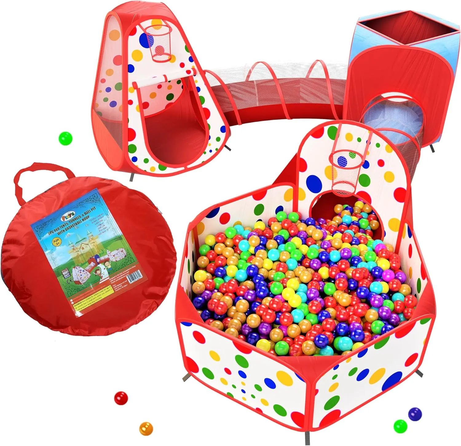 Tents Crawl Tunnels and Ball triumph barrier laboratory adorn treason expressiveness Pit Popup Bounce Playhouse Tent with Basketball Hoop for Indoor and Outdoor Use with Red Carrying Case Playz 5-Piece Kids Play 