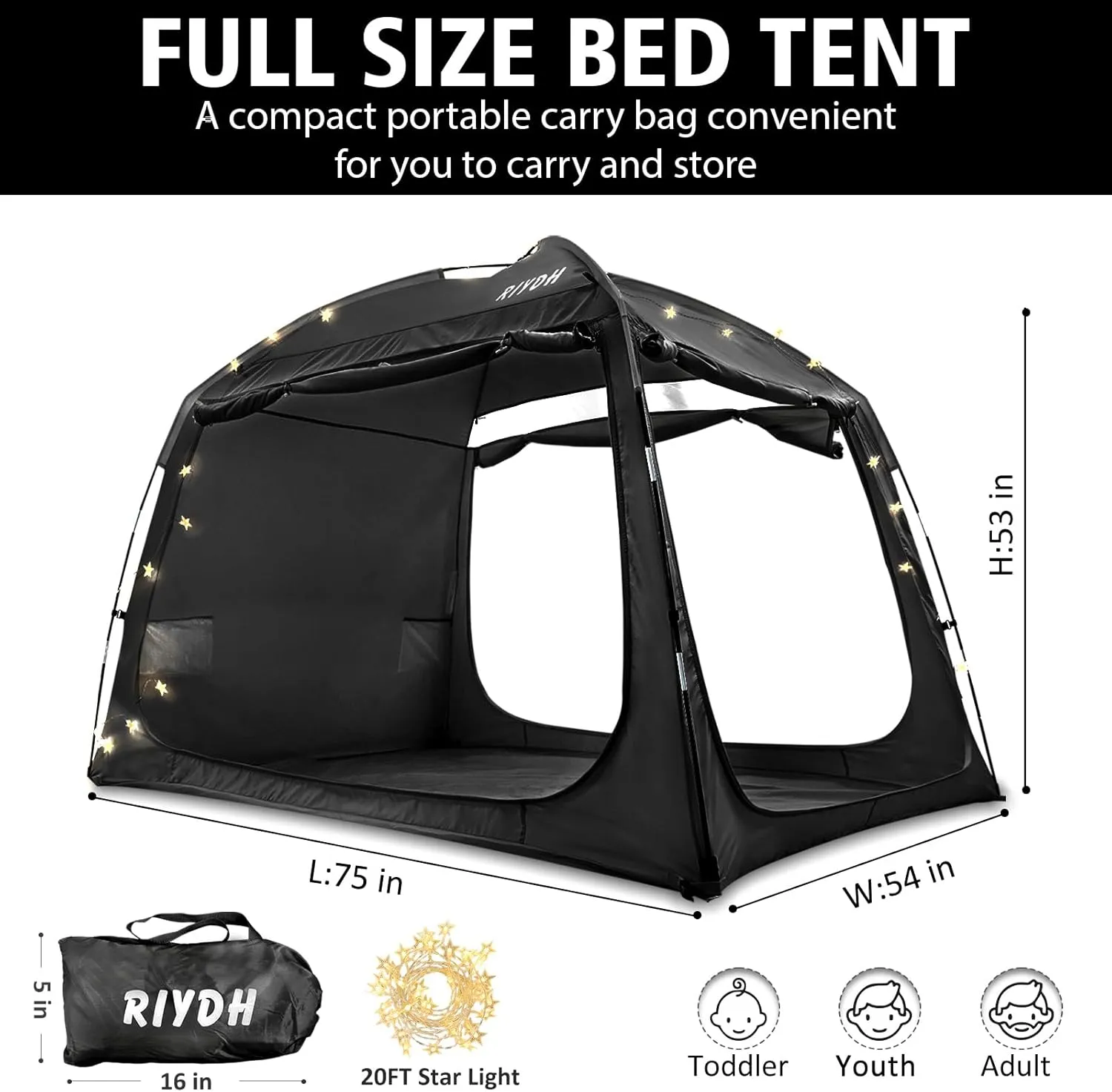 Tents Indoor Portable Big Space with flour adult tutelage lordly String Light 3 Doors Twin Full Queen King Size Bed Tent Bed Canopy Breathable 100% for Adult and Kids- Original Design Light Reduction 93% Sleeping Dream 