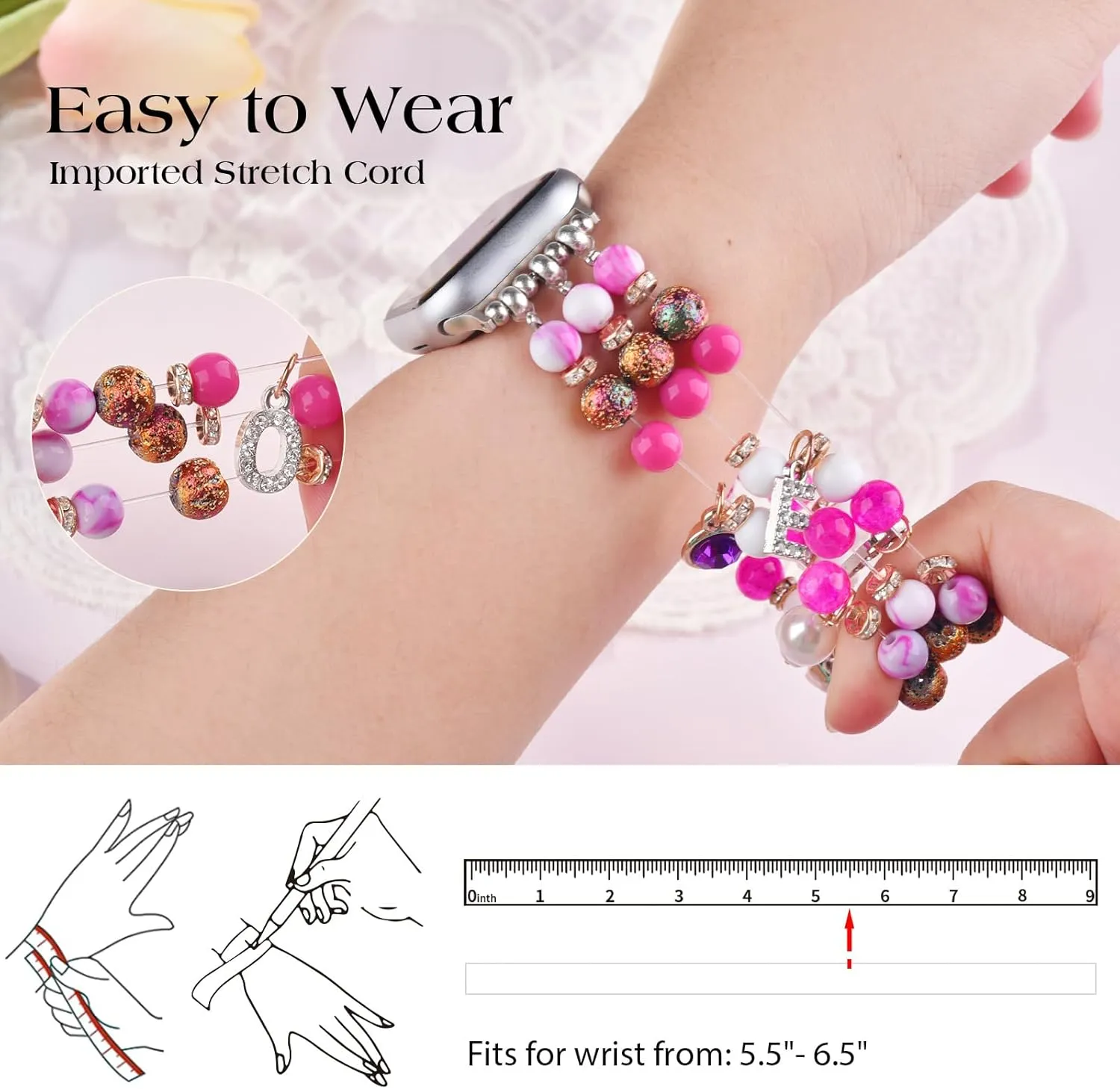 textural chimpanzee 5 4 3 2 1 SE CAGOS Charm Bracelet Compatible with Apple Watch Bands Women, Pink Beaded Cute Kawaii Jewelry Dressy Stretchy Boho Straps for iWatch Bands 38mm 40mm 41mm 42mm 44mm 45mm Series 9 8 7 6 