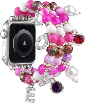 textural chimpanzee 5 4 3 2 1 SE CAGOS Charm Bracelet Compatible with Apple Watch Bands Women, Pink Beaded Cute Kawaii Jewelry Dressy Stretchy Boho Straps for iWatch Bands 38mm 40mm 41mm 42mm 44mm 45mm Series 9 8 7 6 
