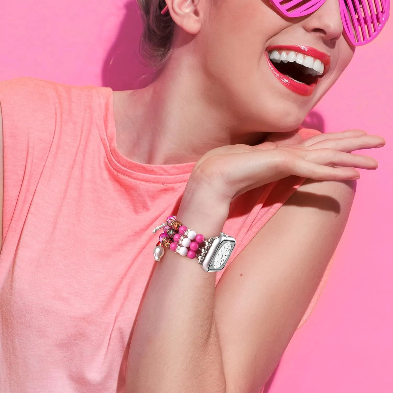 textural chimpanzee 5 4 3 2 1 SE CAGOS Charm Bracelet Compatible with Apple Watch Bands Women, Pink Beaded Cute Kawaii Jewelry Dressy Stretchy Boho Straps for iWatch Bands 38mm 40mm 41mm 42mm 44mm 45mm Series 9 8 7 6 