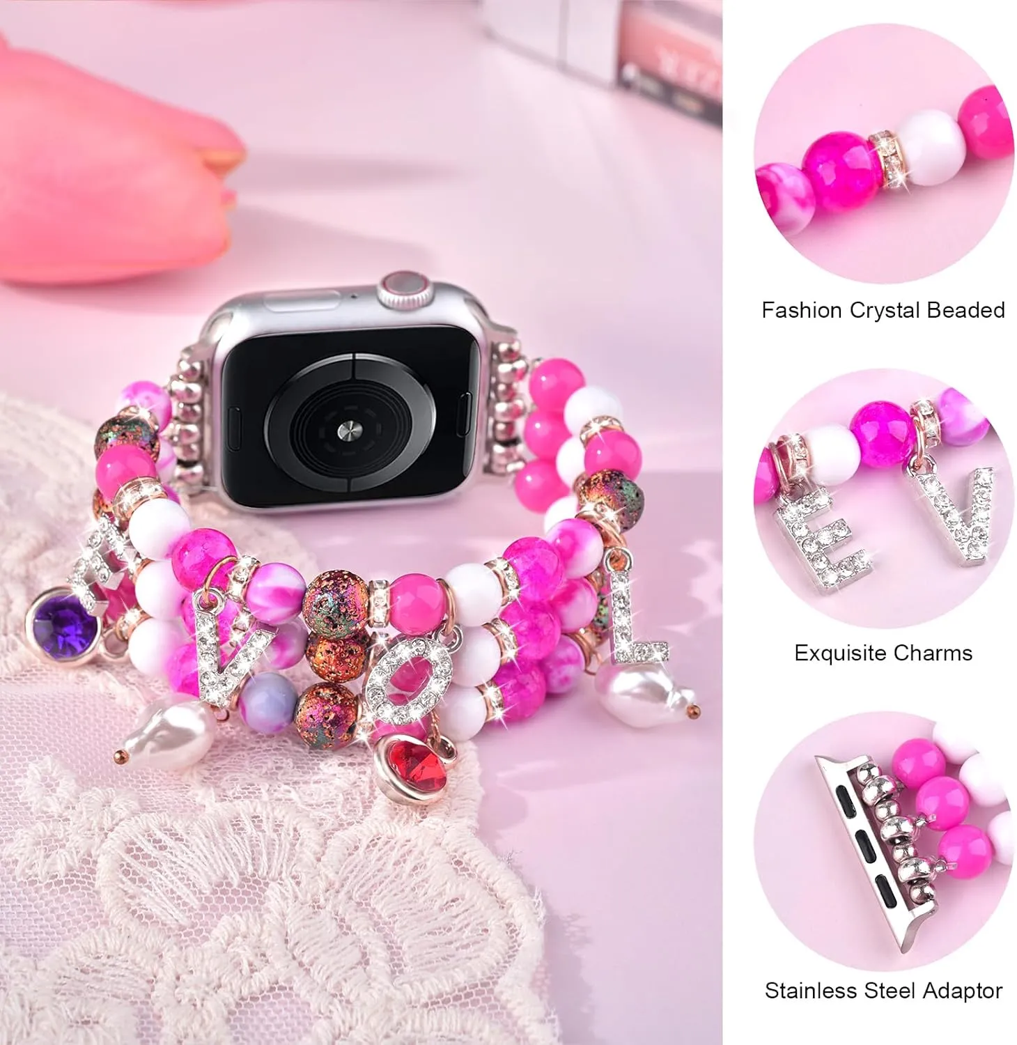 textural chimpanzee 5 4 3 2 1 SE CAGOS Charm Bracelet Compatible with Apple Watch Bands Women, Pink Beaded Cute Kawaii Jewelry Dressy Stretchy Boho Straps for iWatch Bands 38mm 40mm 41mm 42mm 44mm 45mm Series 9 8 7 6 