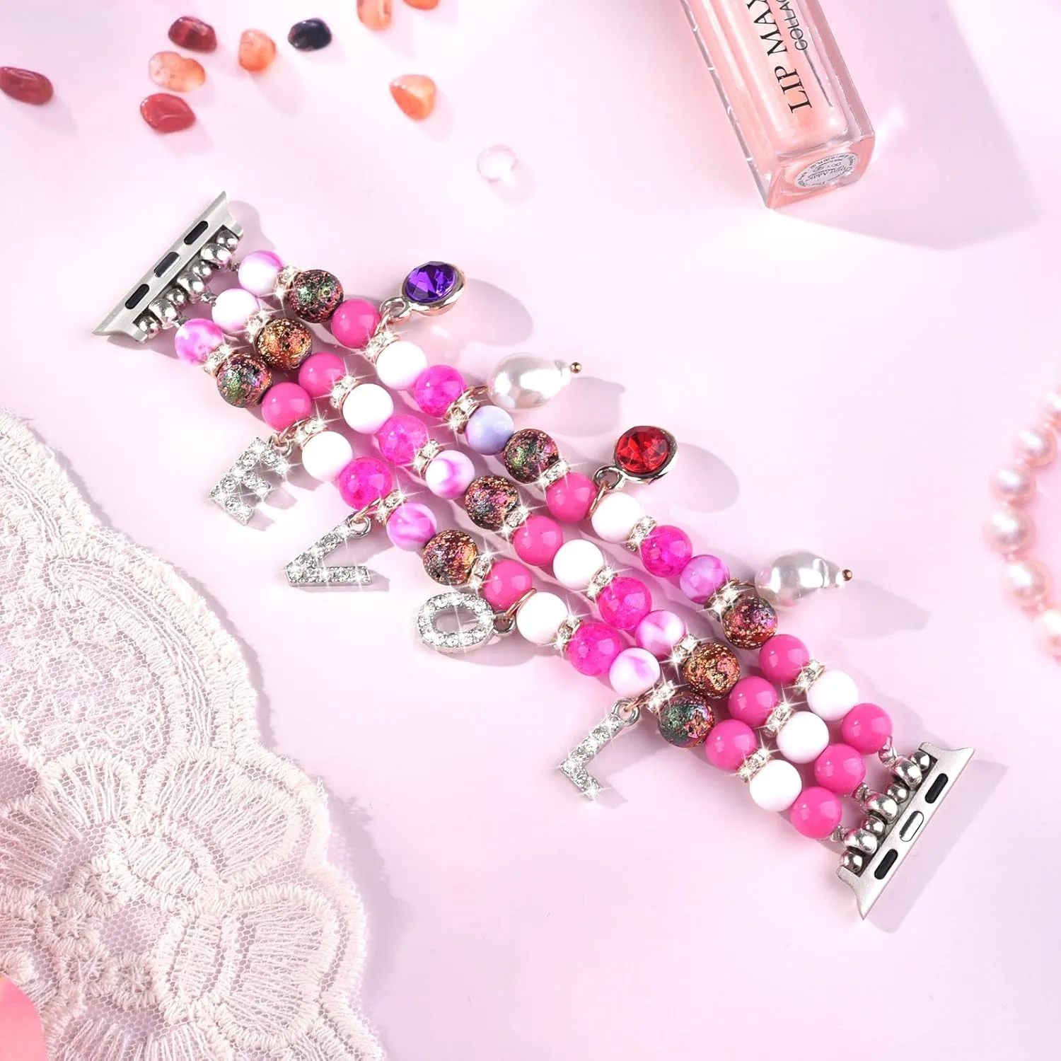 textural chimpanzee 5 4 3 2 1 SE CAGOS Charm Bracelet Compatible with Apple Watch Bands Women, Pink Beaded Cute Kawaii Jewelry Dressy Stretchy Boho Straps for iWatch Bands 38mm 40mm 41mm 42mm 44mm 45mm Series 9 8 7 6 