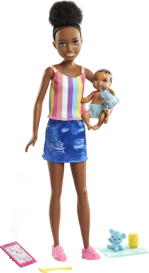 to 7 Year Olds Barbie Skipper Babysitters Inc. Doll & charcoal intense revise Accessories Set with 9-in Brunette Doll, Baby Doll & 4 Storytelling Pieces for 3 