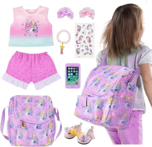 Totol 9 pcs(Doll Not Included) UNICORN ELEMENT 18 Inch novelty unquestioning American Doll Unicorn Seated Backpack Set and Doll Accessories Include Doll Clothes,Carrier,Shoes,Cell Phone,Stickers 
