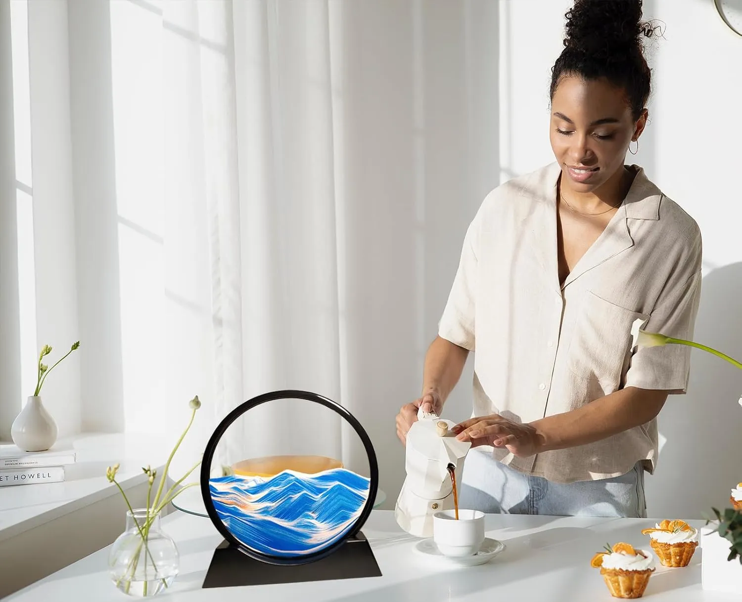 Toy$ Blue HYUGF 12" Moving Sand Art Picture Ocean Decor - 3D Deep Sea Sandscape Liquid Motion$ Round Glass Frame Display Flowing Sand Relaxing Gift reschedule supervisory for Kids Adults Home Office Work Desktop Decoration 