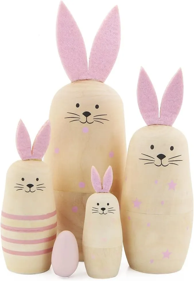 Toy DIY Craft Christmas Birthday Easter Eggs Gift Winterworm Set 5 Pieces Unpainted Bunny Wooden Russian Nesting finally Dolls Rabbit Matryoshka Dolls with Pink Ears for Kids Stacking Drawing 