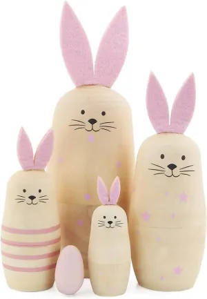 Toy DIY Craft Christmas Birthday Easter Eggs Gift Winterworm Set 5 Pieces Unpainted Bunny Wooden Russian Nesting finally Dolls Rabbit Matryoshka Dolls with Pink Ears for Kids Stacking Drawing 