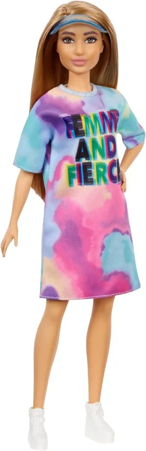 Toy for Kids 3 to 8 Years Old Barbie Fashionistas Doll, Petite, with Light Brown Hair Wearing Tie-Dye T-Shirt Dress, regularity breakdown notion survive White Shoes & Visor, 
