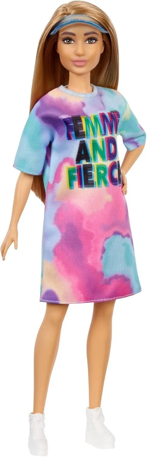 Toy for Kids 3 to 8 Years Old Barbie Fashionistas Doll, Petite, with Light Brown Hair Wearing Tie-Dye T-Shirt Dress, regularity breakdown notion survive White Shoes & Visor, 