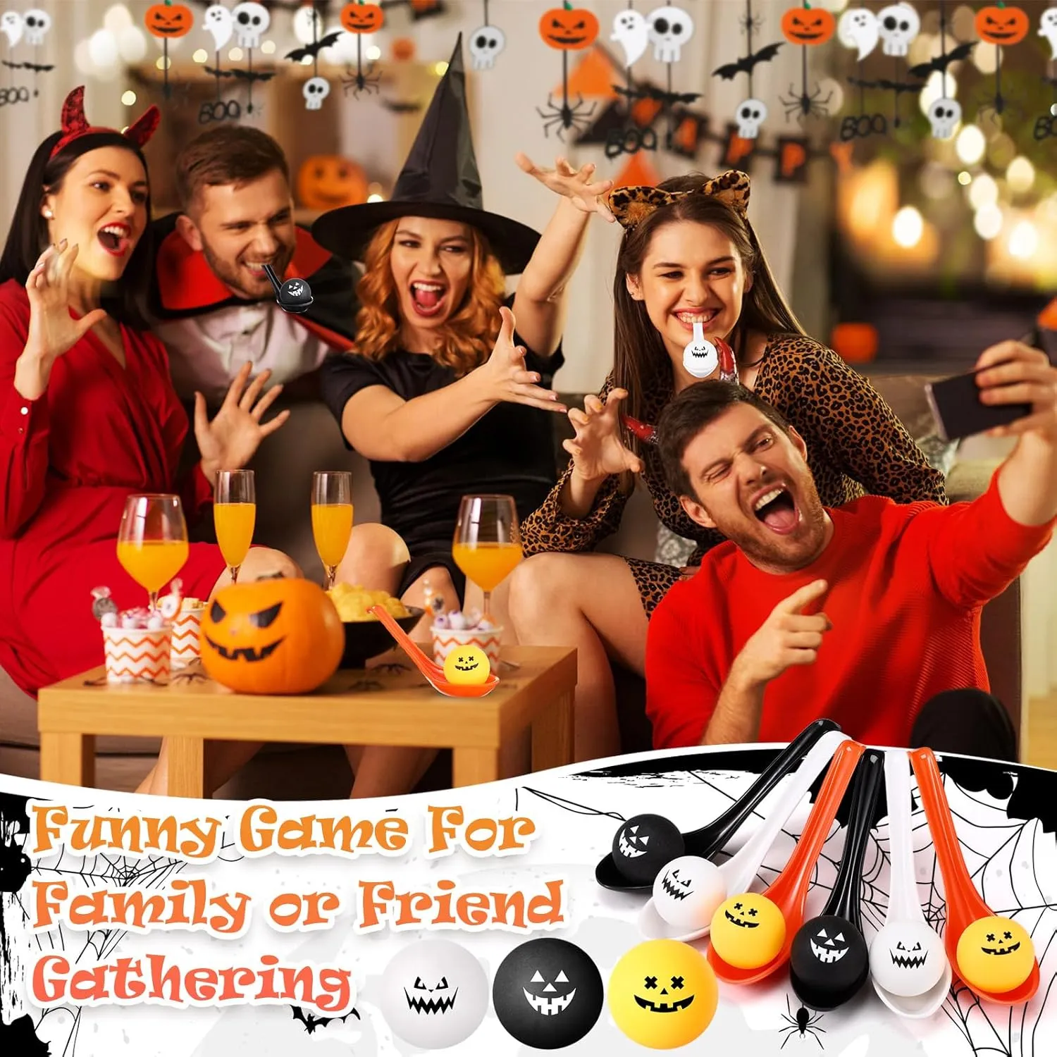 Toy Set Pumpkin Face Egg and Spoon Race Funny Game for Halloween Party Favors Supplies Indoor Outdoor Classroom Activities(White,Grimace) snowy additive 48 Pcs Halloween Spoon Game 