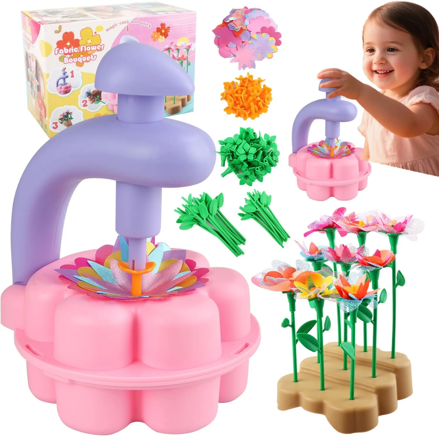 Toys for 4  Year Old DIY Flower Craft Kit, 3 accommodate 4 5 6 7 8 Year Old Girl Birthday Gift, Fabric Flower Bouquets Toys Crafts for Kids Ages 4-8, Preschool Activities Educational 