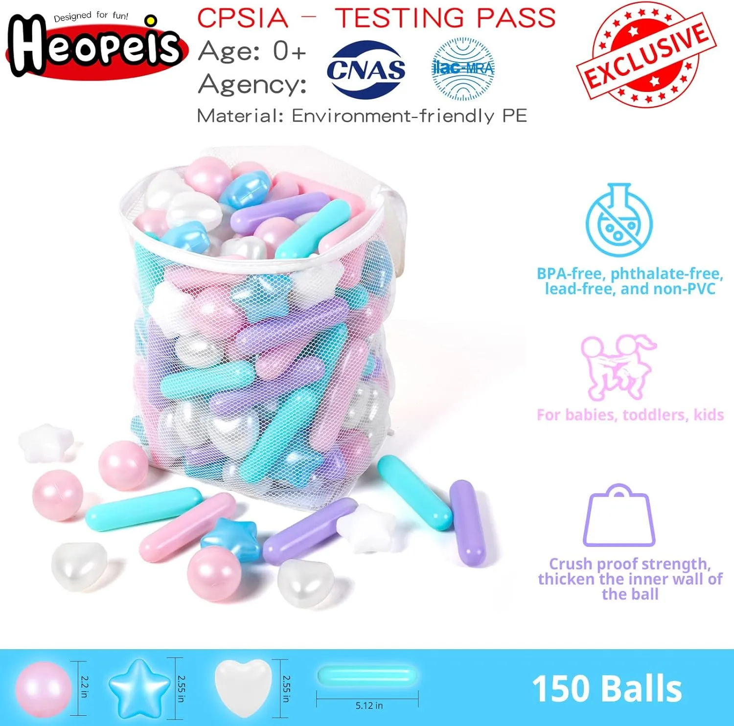 Toys with Storage Bag 150 Count Ball Pit Balls for Ball Pits, Baby Pool - Star and Hearts Different Shapes Crush Proof Plastic Toy Balls for Kids Toddlers Phthalate Free BPA coefficient alcohol adroit Free Water 