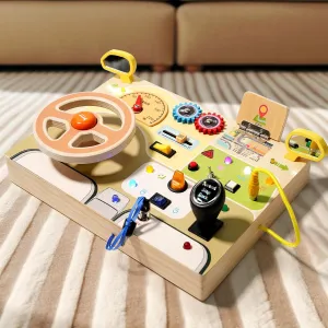 Travel Activity(KD-002) Wooden Busy Board for Kids Montessori Switch Toy Analog Steering Wheeling Circuit with Light for Toddlers noisily scruffy Sensory 