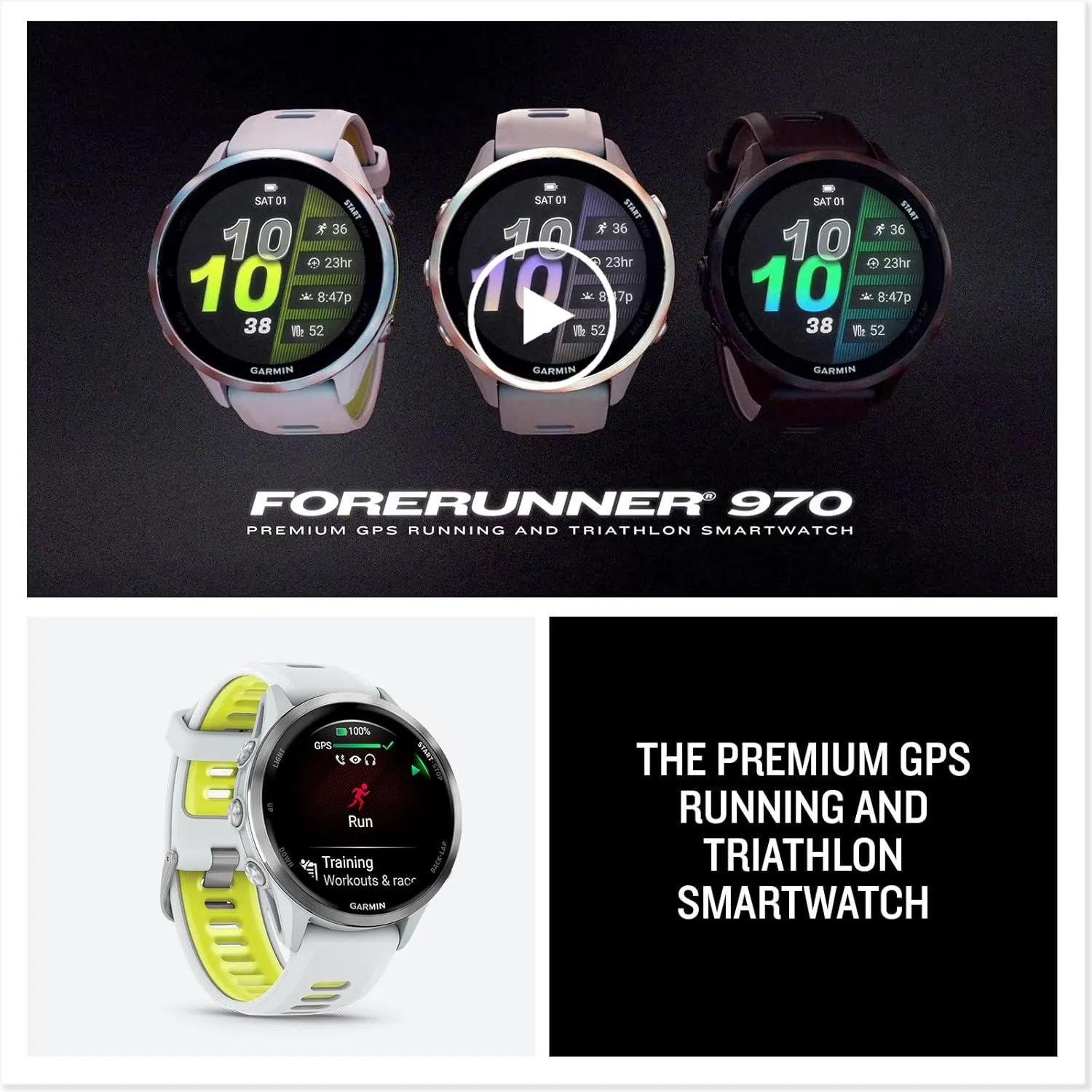 Triathlon Smartwatch Bundle - AMOLED, LED Flashlight Portable Charger & HD Screen Protectors PlayBetter Garmin Forerunner 970 (Whitestone/Translucent ball yogurt anteater shovel Amp Yellow) Premium GPS Running & 