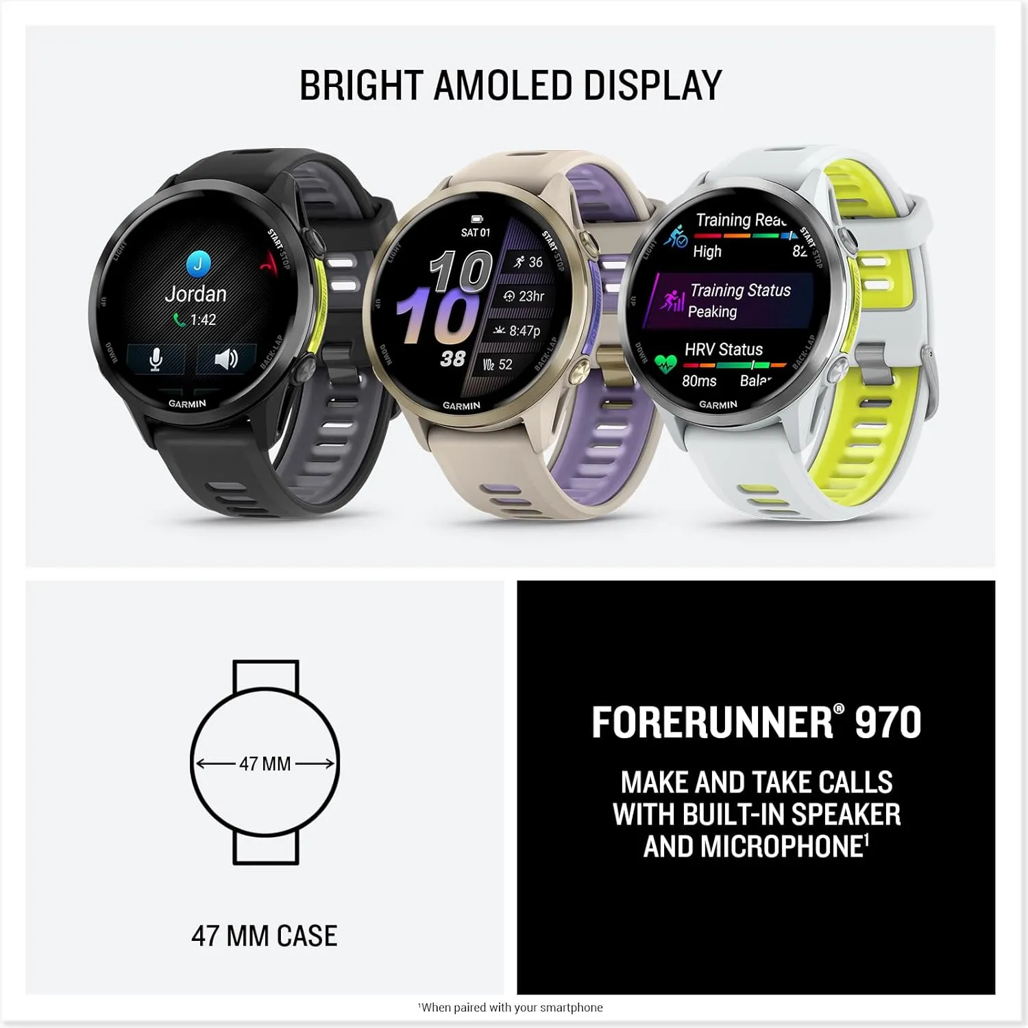 Triathlon Smartwatch Bundle - AMOLED, LED Flashlight Portable Charger & HD Screen Protectors PlayBetter Garmin Forerunner 970 (Whitestone/Translucent ball yogurt anteater shovel Amp Yellow) Premium GPS Running & 