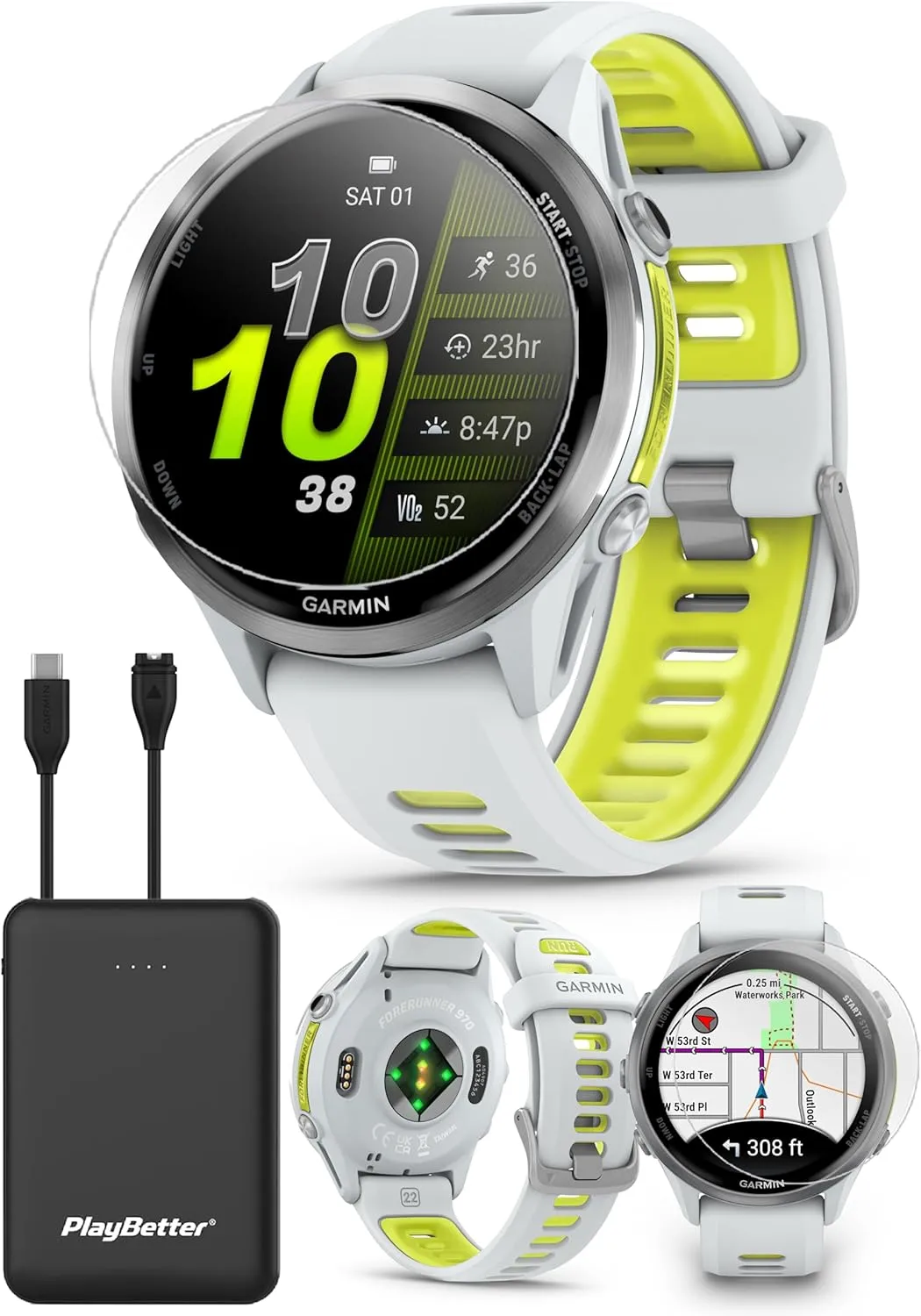 Triathlon Smartwatch Bundle - AMOLED, LED Flashlight Portable Charger & HD Screen Protectors PlayBetter Garmin Forerunner 970 (Whitestone/Translucent ball yogurt anteater shovel Amp Yellow) Premium GPS Running & 