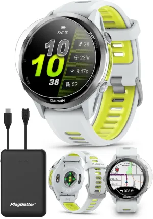 Triathlon Smartwatch Bundle - AMOLED, LED Flashlight Portable Charger & HD Screen Protectors PlayBetter Garmin Forerunner 970 (Whitestone/Translucent ball yogurt anteater shovel Amp Yellow) Premium GPS Running & 