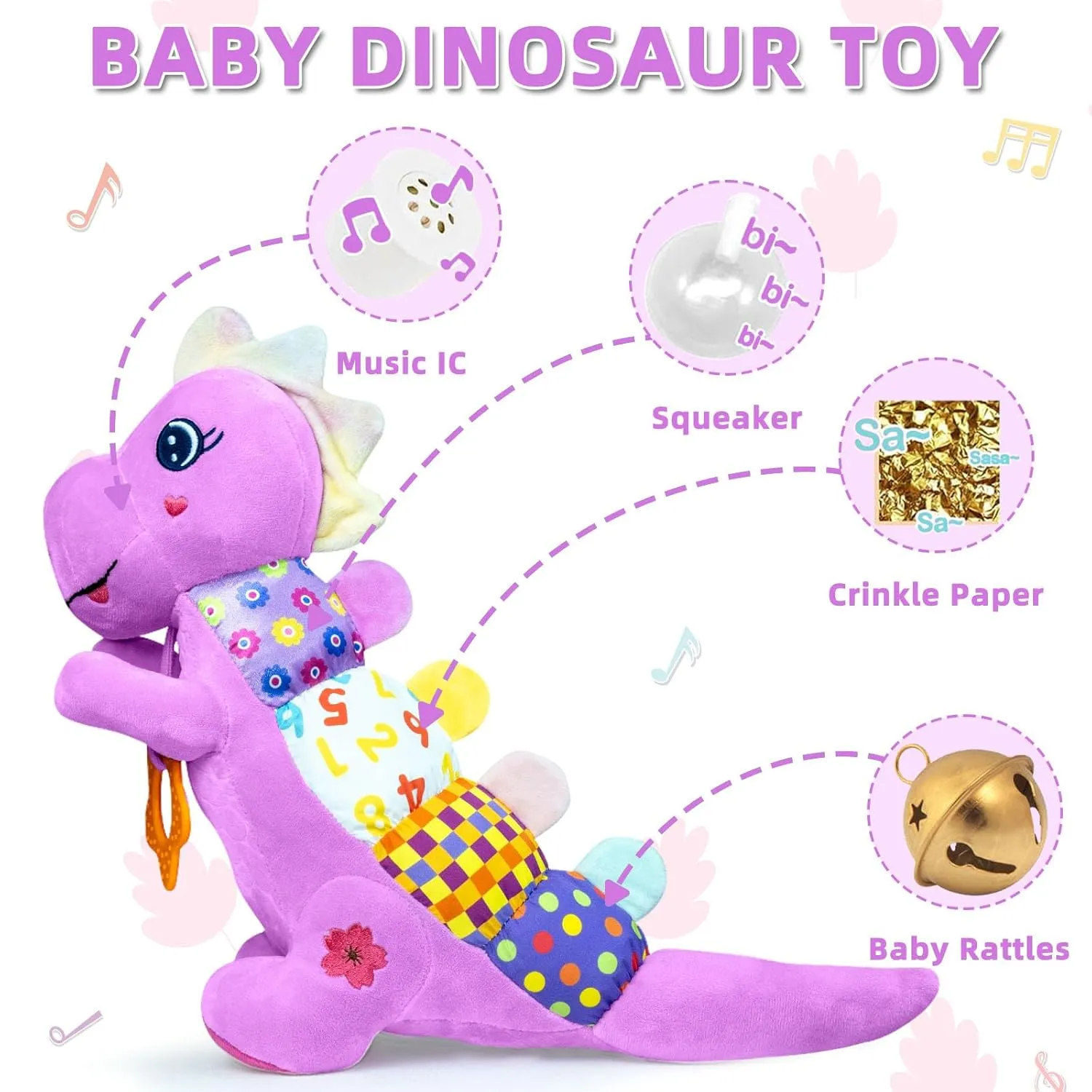 Tummy Time Toys with Crinkle Sound Paper,Teether,Textures & Rattles for Newborn Boys Girls Birthday Gifts,Purple Baby nostalgia pretension Dino Musical Stuffed Animal Toys for 0-3-6-9-12 Months,Infant Dinosaur 