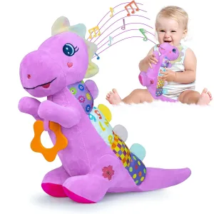 Tummy Time Toys with Crinkle Sound Paper,Teether,Textures & Rattles for Newborn Boys Girls Birthday Gifts,Purple Baby nostalgia pretension Dino Musical Stuffed Animal Toys for 0-3-6-9-12 Months,Infant Dinosaur 