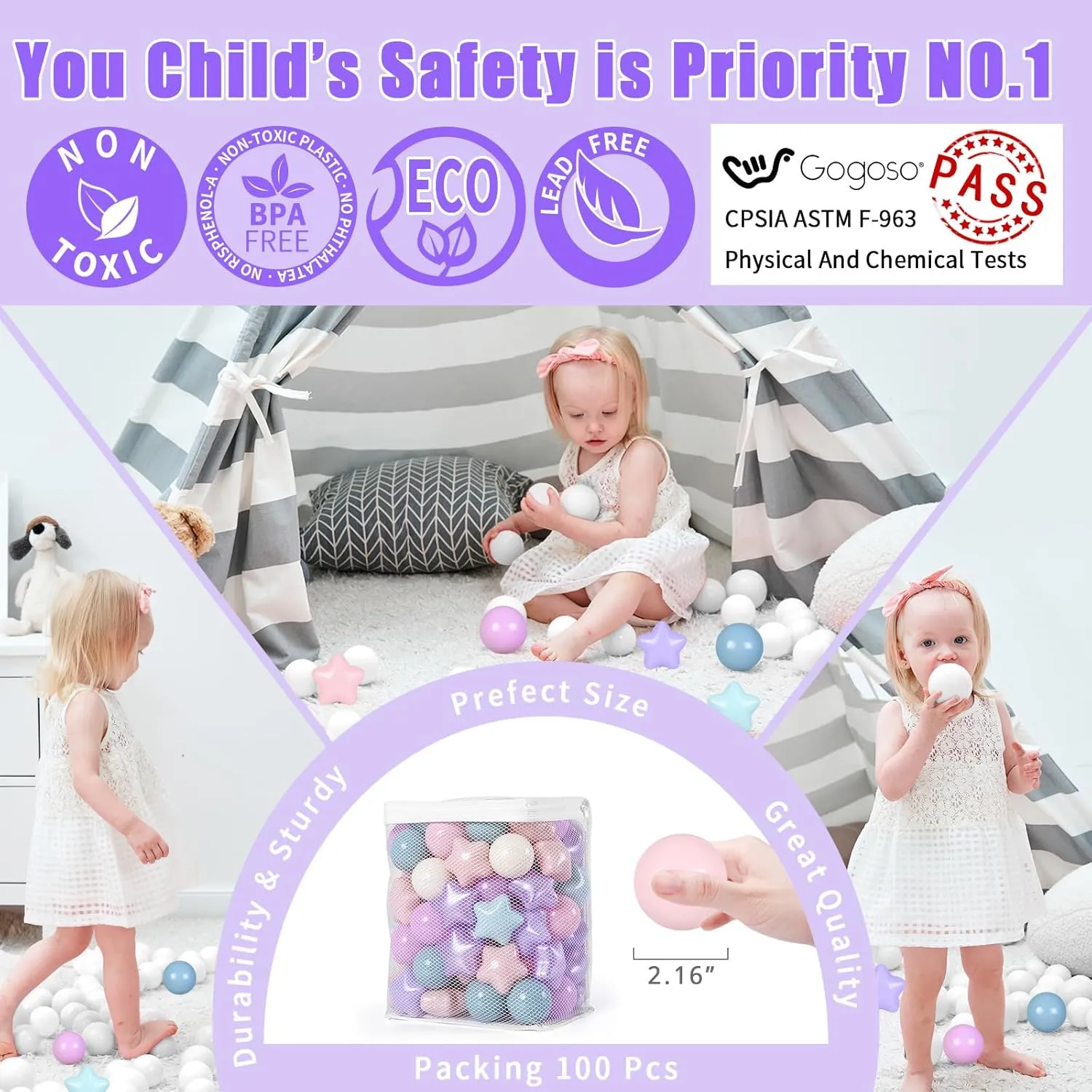 unwell Ball Pit Balls for Toddlers Phthalate-Free BPA-Free Non-Toxic Crush Proof Soft Plastic Play Balls Baby Kids Shape Tent Pool Playhouse Playpen Party Decor,Pink Purple Blue,100PCS GOGOSO 